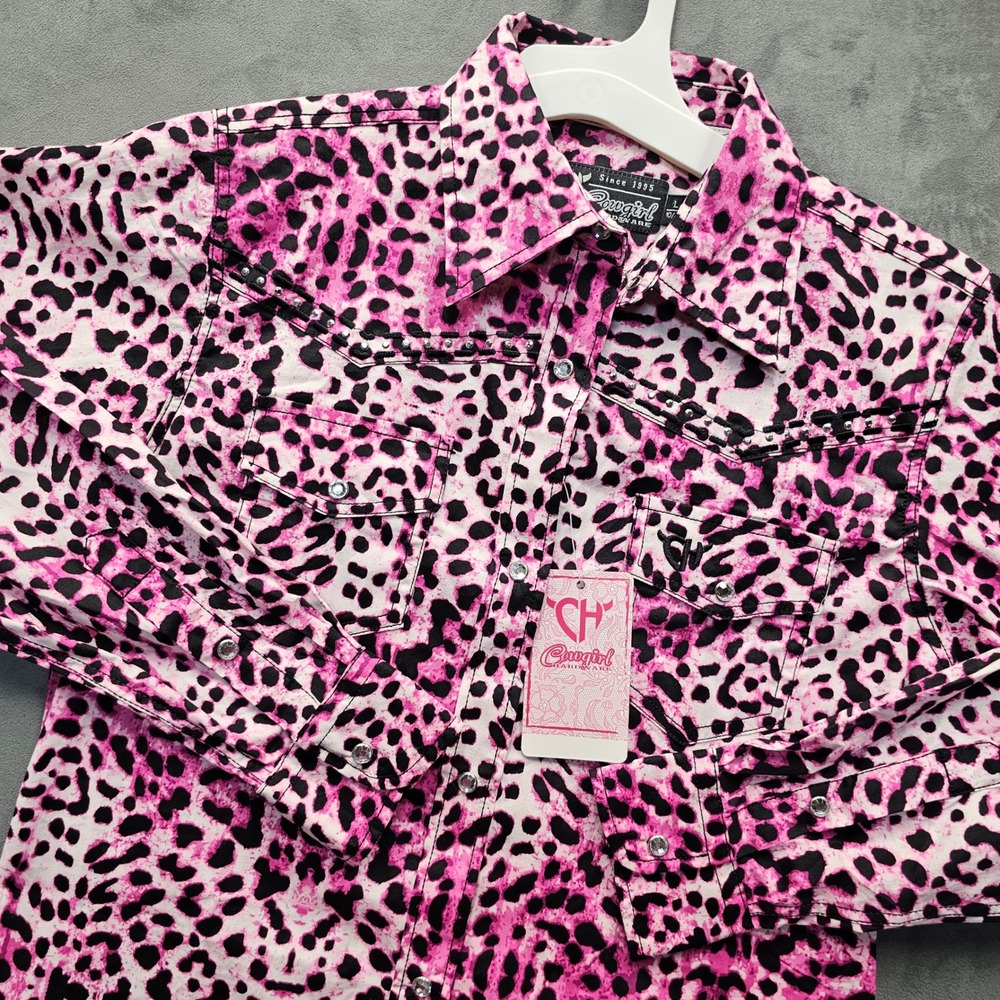 COWGIRL HARDWARE Girls Pink Leopard Western Rhinestone Snap Shirt L 10/12 NWT